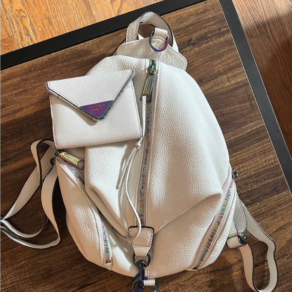 Rebecca Minkoff White Leather “Oil Slick” Backpack and Matching Wallet